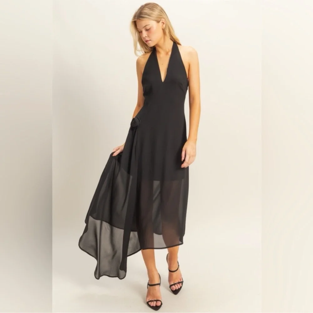 Black Halter Rosette Asymmetrical Dress - Picture 1 of 10